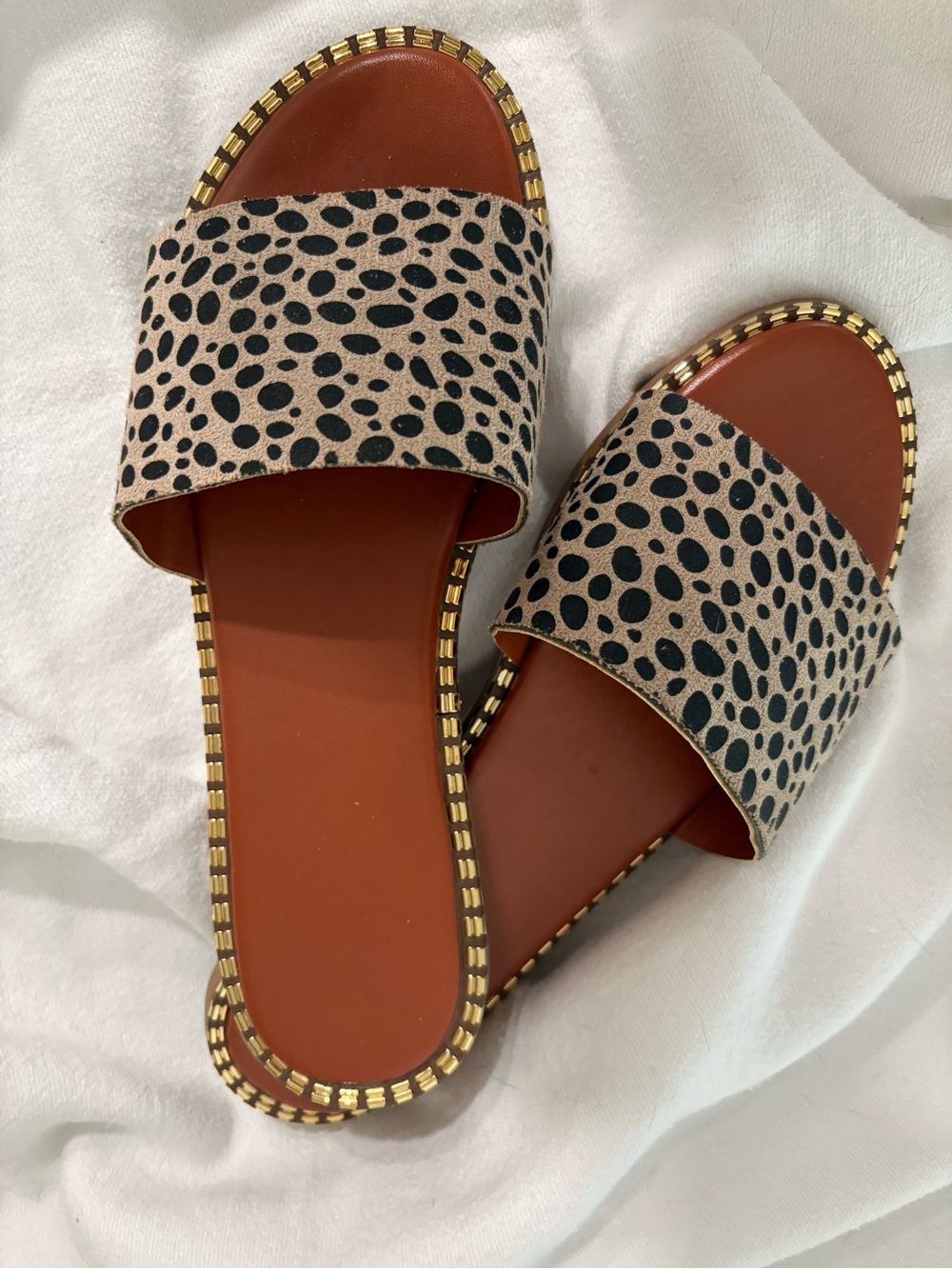 Leopard-Print Slide Sandals in Tan and Black with Gold Trim